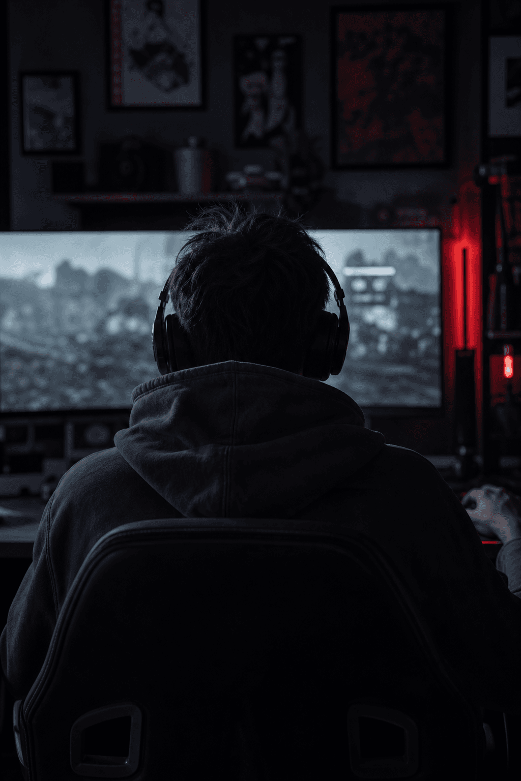 At the desk, facing the monitors