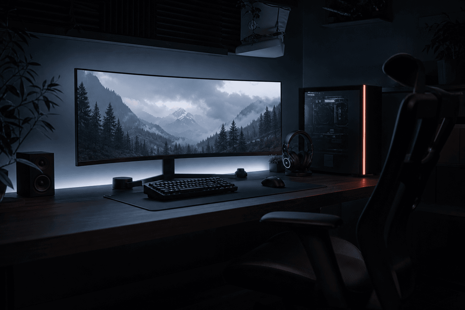 The desk — monitors, lights and the nightly signal desk.